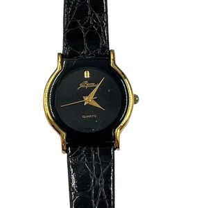 Very Nice Gold Tone Pierre Jacquard Women's Black Leather Quartz Watch